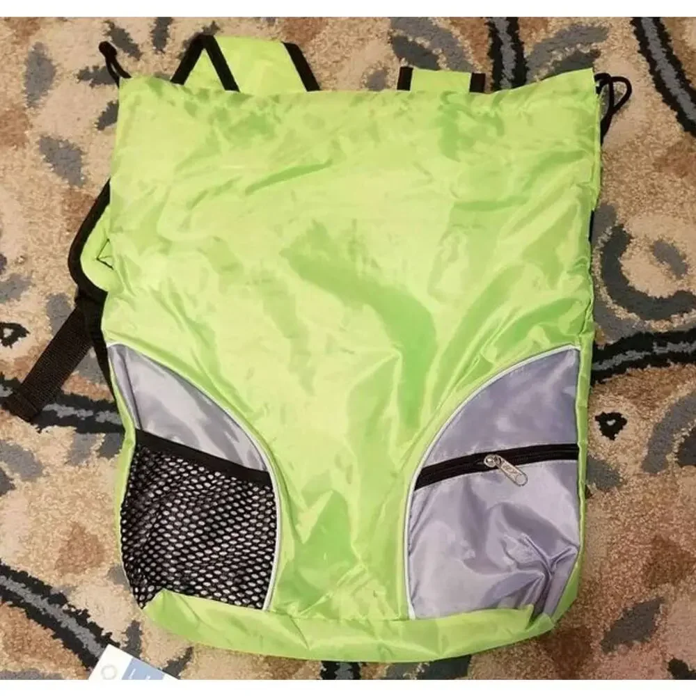 Green and Gray Lightweight Drawstring Backpack with side pockets